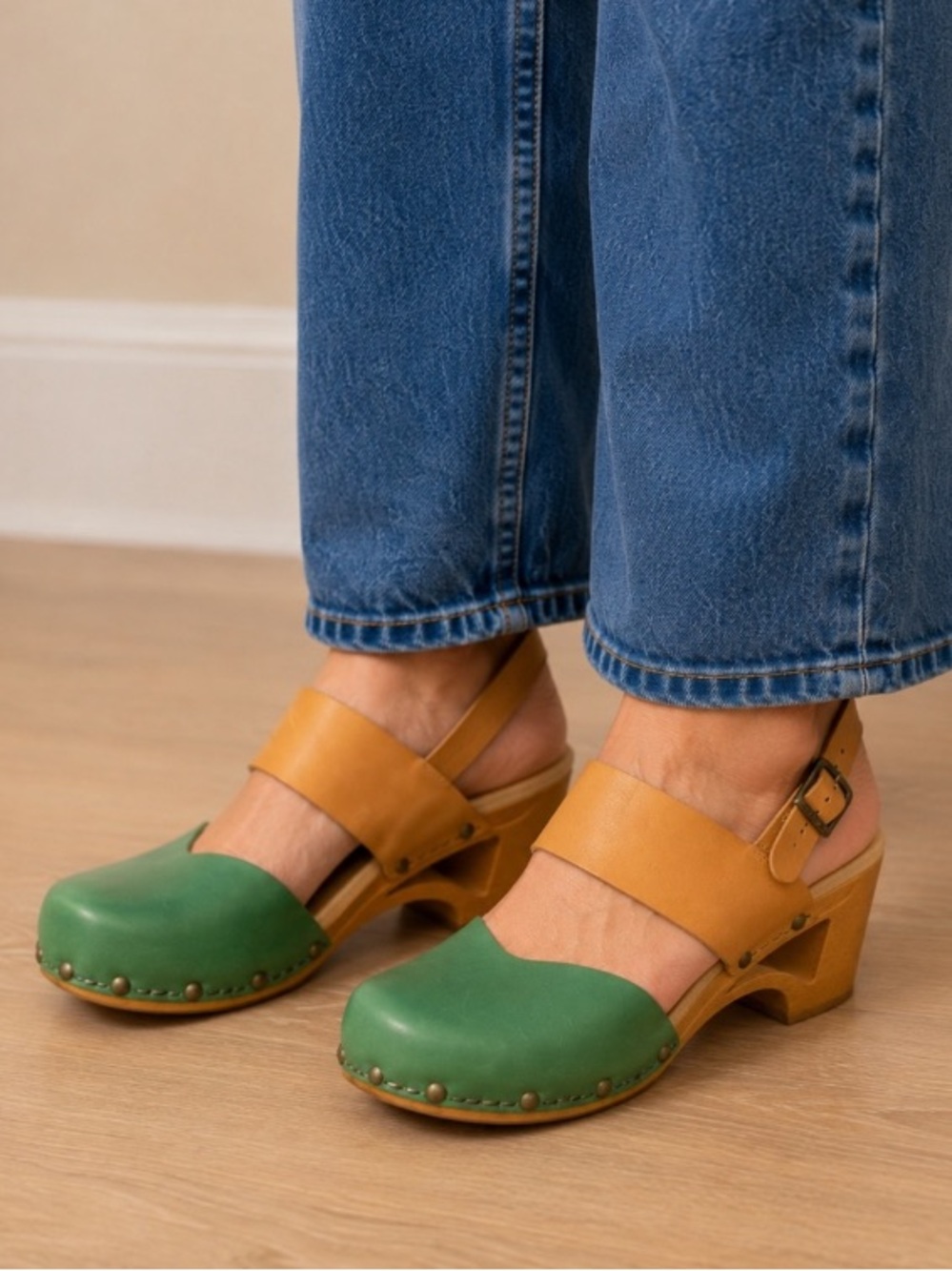 DANSKO Thea Green Tan Leather Clogs Slingback wood Heels boho Size 40 US 9.5 10